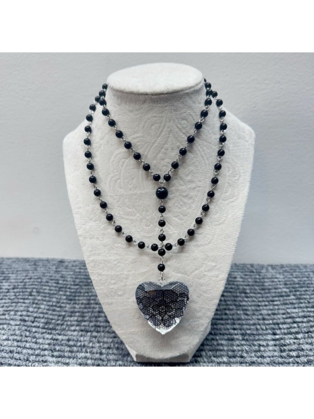 Vintage Layered Black Beaded Necklace Clear Lace Heart Pendant Gothic Choker Y2K